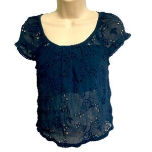 Abercrombie & Fitch Blue Floral Eyelet Ribbon Top Blouse Women's  XS